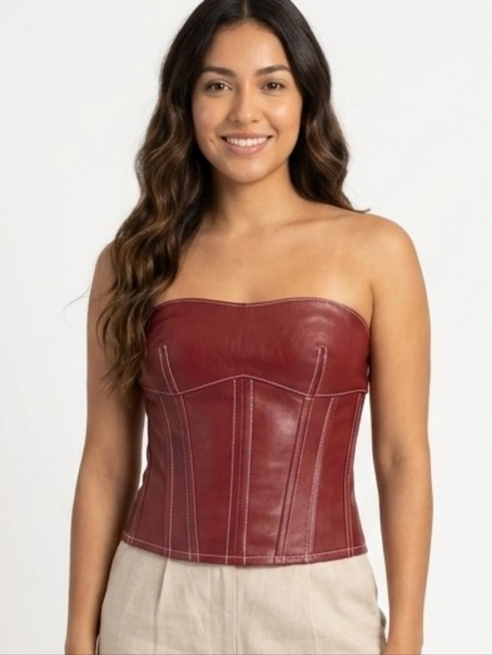 Edikted Strapless Burgundy Leather Corset Top